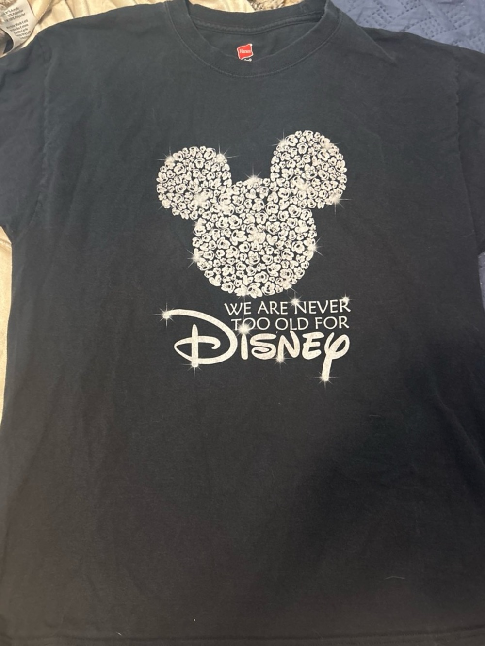 Hanes Black T-Shirt with White Sparkling Mickey Floral Graphic